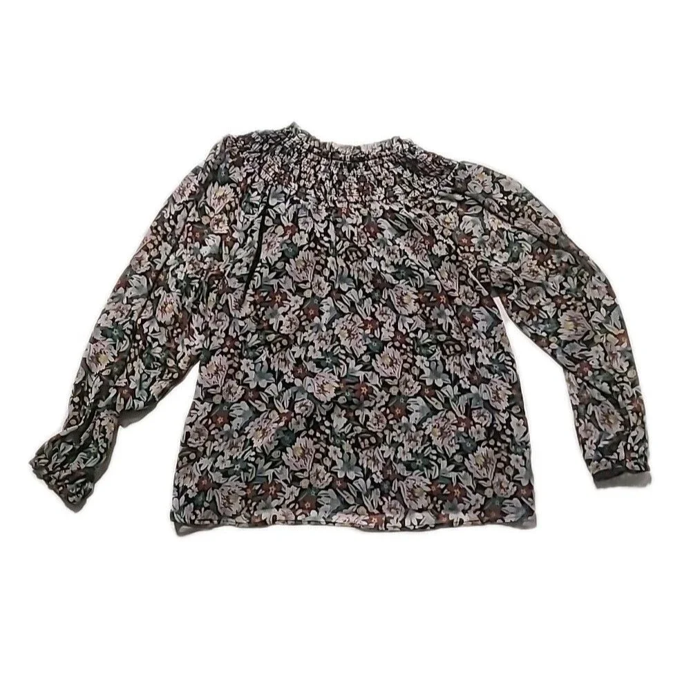 Loft Black Floral Smocked Neck Long Sleeve Sheer Lined Blouse Size Large